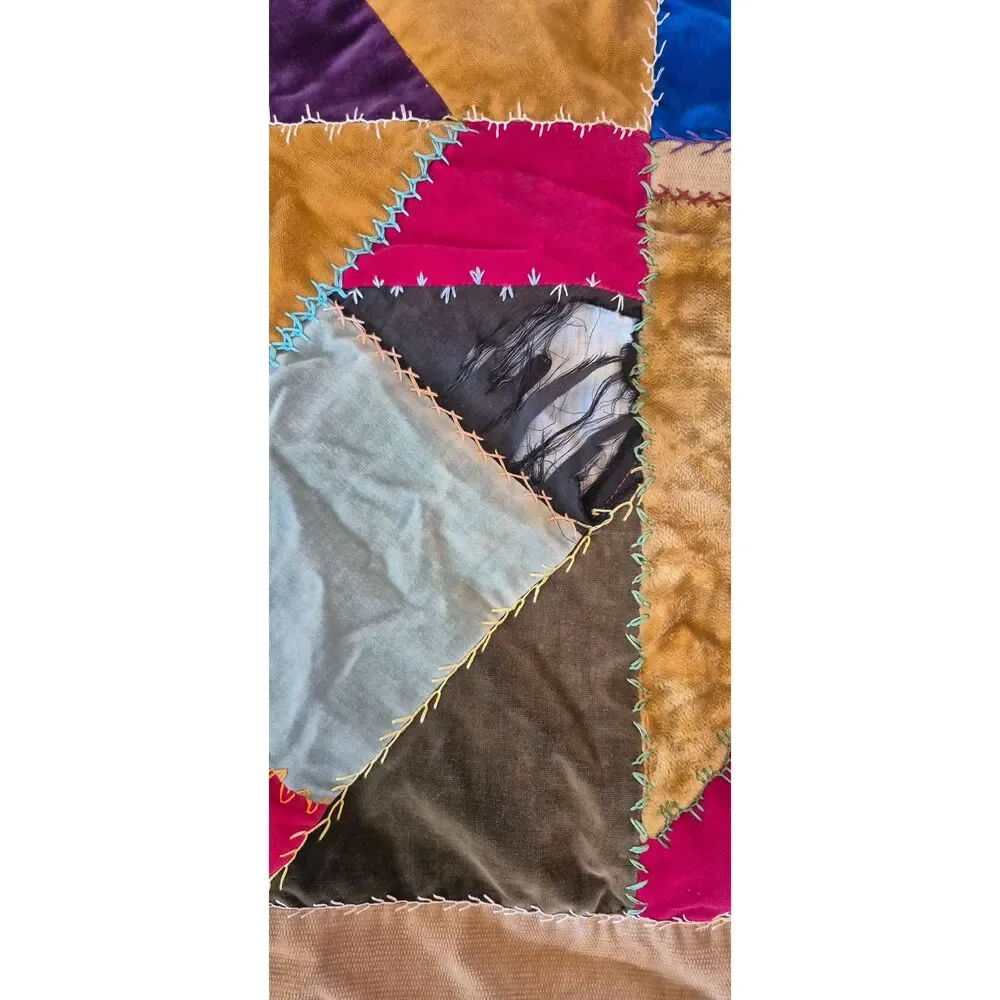 Vintage 1970s Handmade Velvet Crazy Quilt and Matching Pillow Set, Boho Eclectic